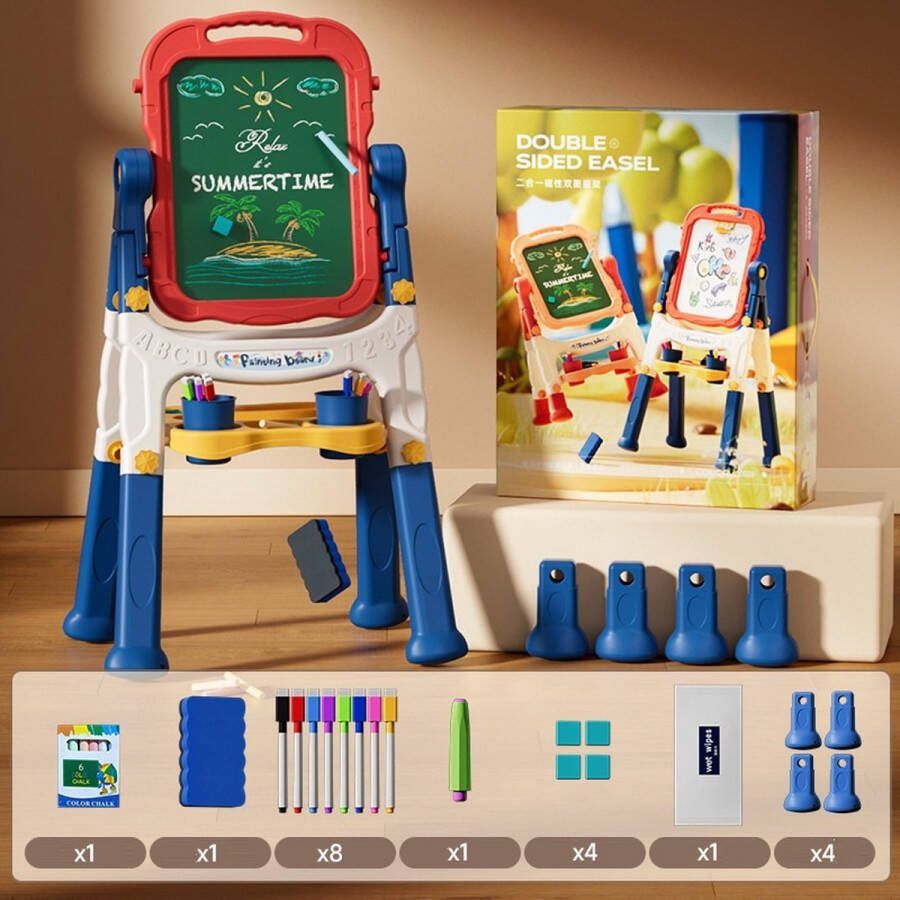 2-in-1 schildersezel met dubbelzijdig magnetisch bord draaibaar en verwijderbaar bord met 2 verstelbare hoogtes opbergbak en briefpapier meegeleverd Blauw