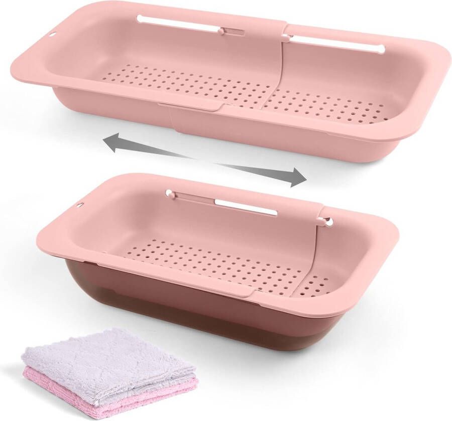 2-in-1 verstelbaar keukenopbergrek reinigingsmand BPA-vrij dubbellaagse zeef komzeef 34-48 cm zeef uittrekbaar keukenzeefmand boven de gootsteen met 2 handdoeken (roze)