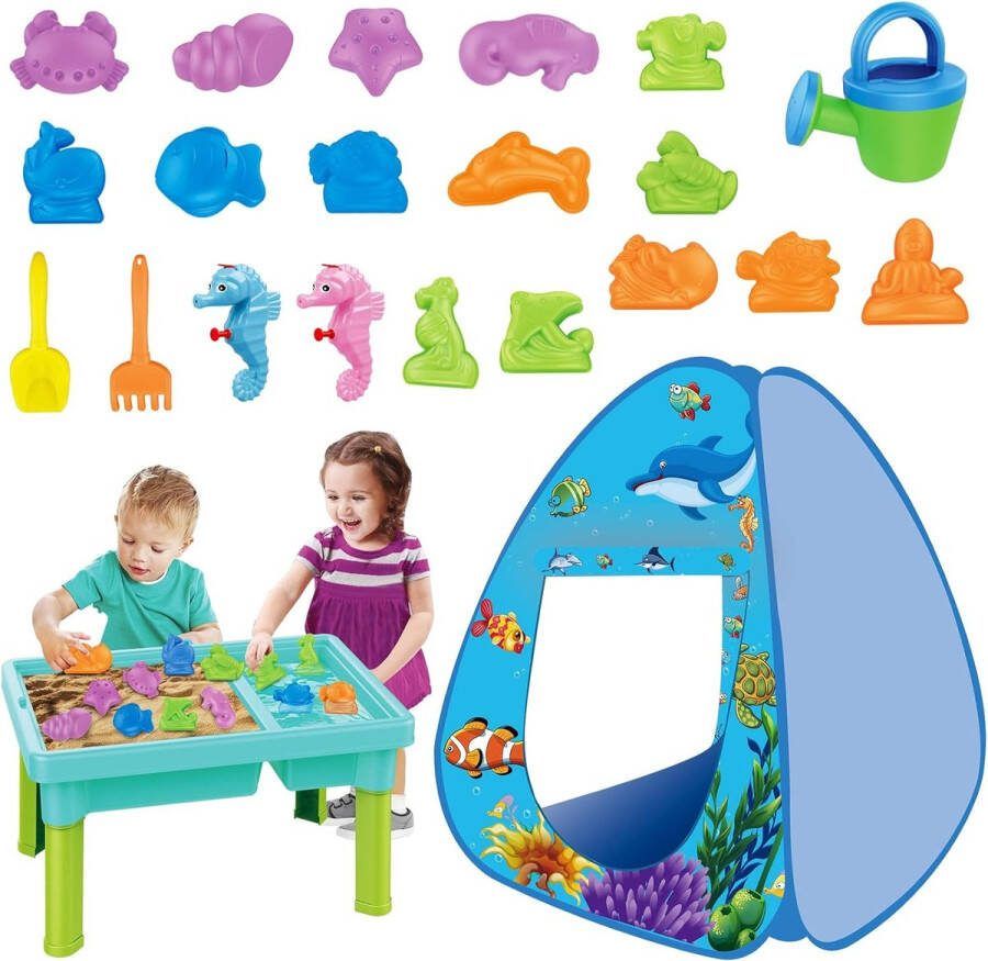 2-in-1 Zandtafel en Kindertent 15 Stuks Zandvormen Waterpistolen Karaf en Hark Strandspeelgoedset voor Binnen en Buiten