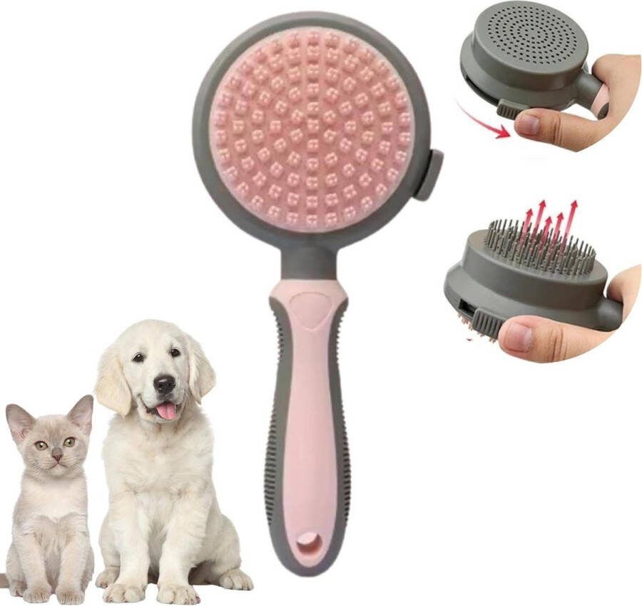 2-in-1 zelfreinigende borstel voor katten en honden verwijdert haar en masseert roze kleur Massage Gun