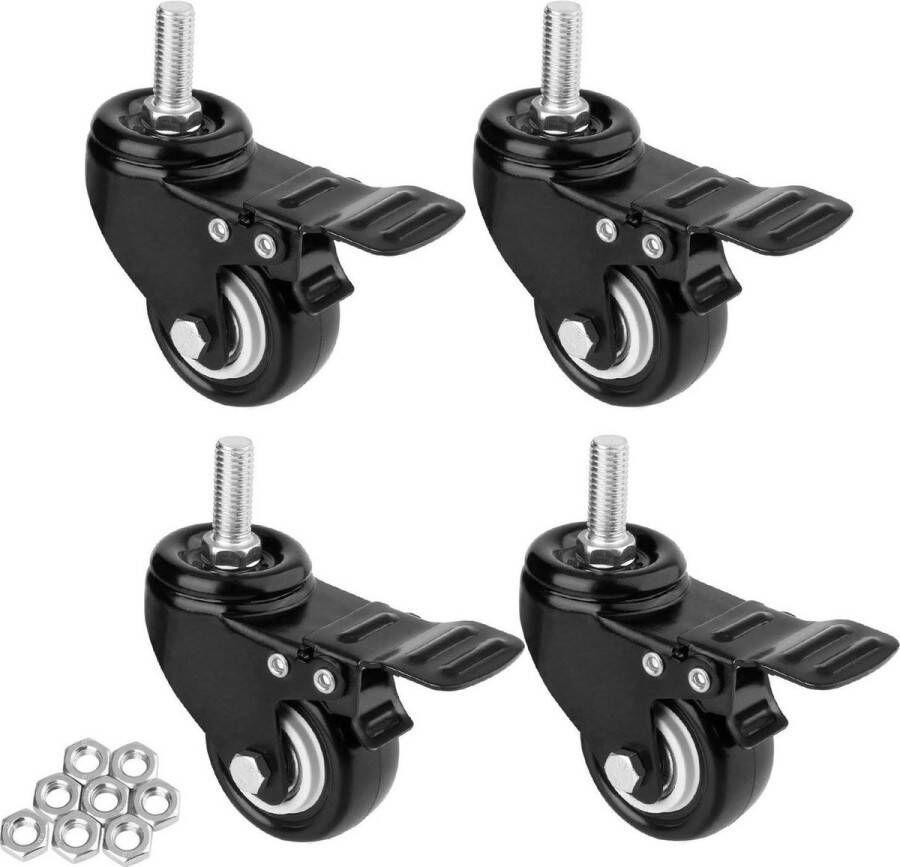 2 inch draaibare wielen met rem robuuste zwenkwielen van rubber handwagen werktafel wielmeubels bouten schroefdraadstang M10 x 25 pakket 4 stuks zwart