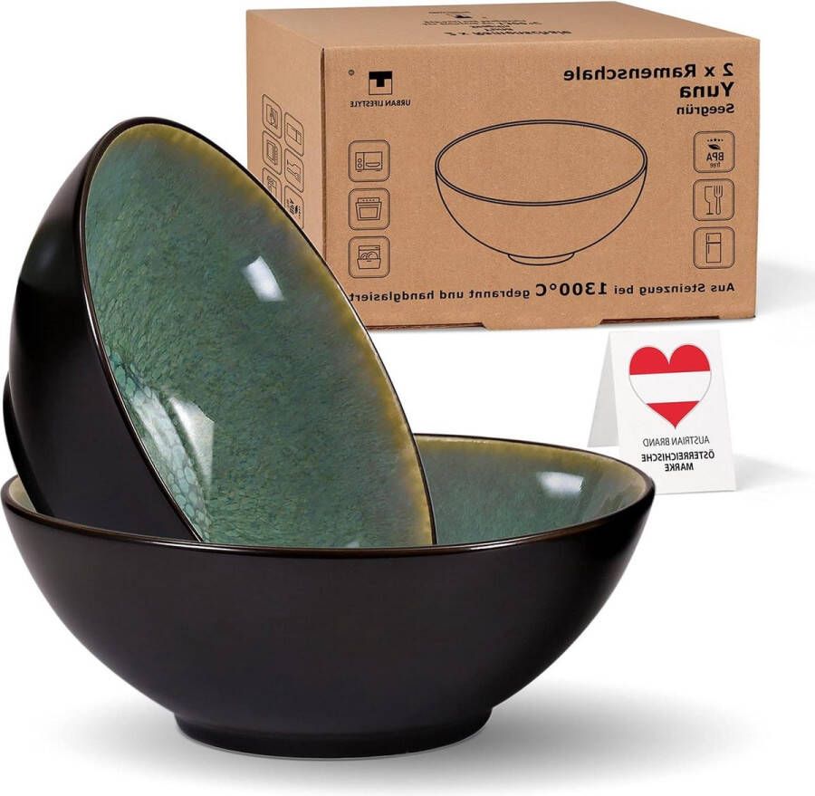 2 Keramiek Ramen Schalen Set 20cm 900-1000ml Soepkom Saladeschaal Pho Soepkom Bowl Ramen Noedels Mueslikom A-B kwaliteit kleine glazuurfouten Groen