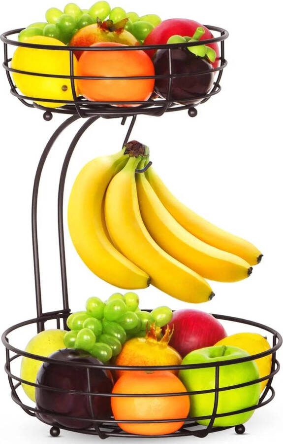2-Laags Fruitmand met Bananenhanger Metalen Fruitschaal en Opslag Standaard voor Keuken Organizer voor Fruit Groente en Keukenkastjes