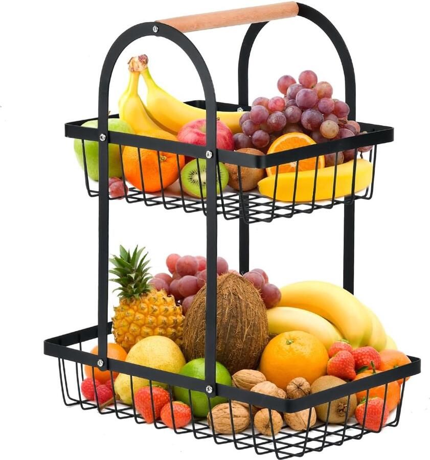 2-laags fruitmand-taartstandaard fruittaartstandaard 2-laags fruitschaal-taartstandaard met houten handvat metalen zwarte fruitschalen met handvat voor snacks thuis groenten keuken kantoor fruit