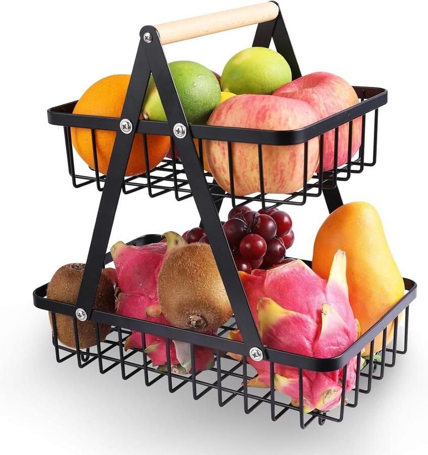 2-laags fruitmandstandaard met houten handvat fruitschaalhouder broodmand groenterek afneembare metalen fruithouder fruitgroenten snacks thuis keuken kantoor