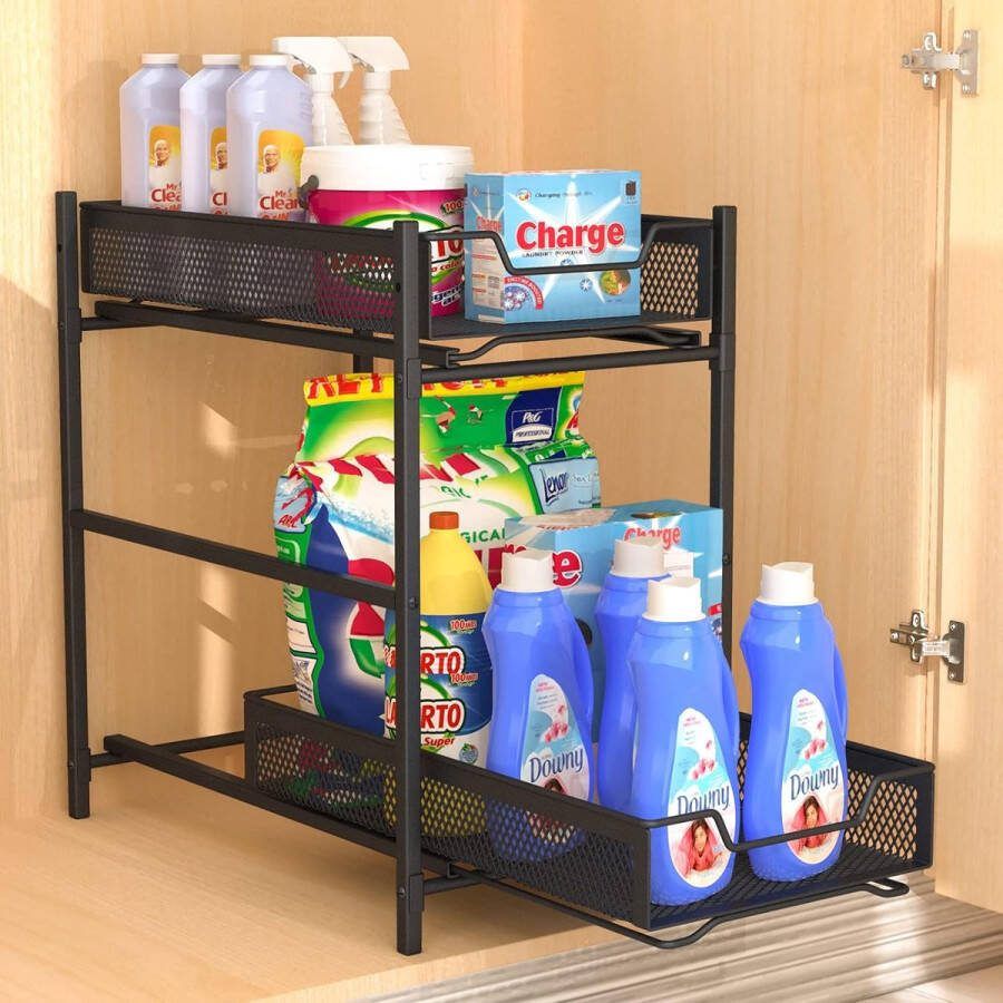 2-laags ondergootsteenplank van metaal uitschuifbare onderkast gootsteenorganizer met schuiflade keukenkastorganizerplank onder gootsteen voor keuken zwart