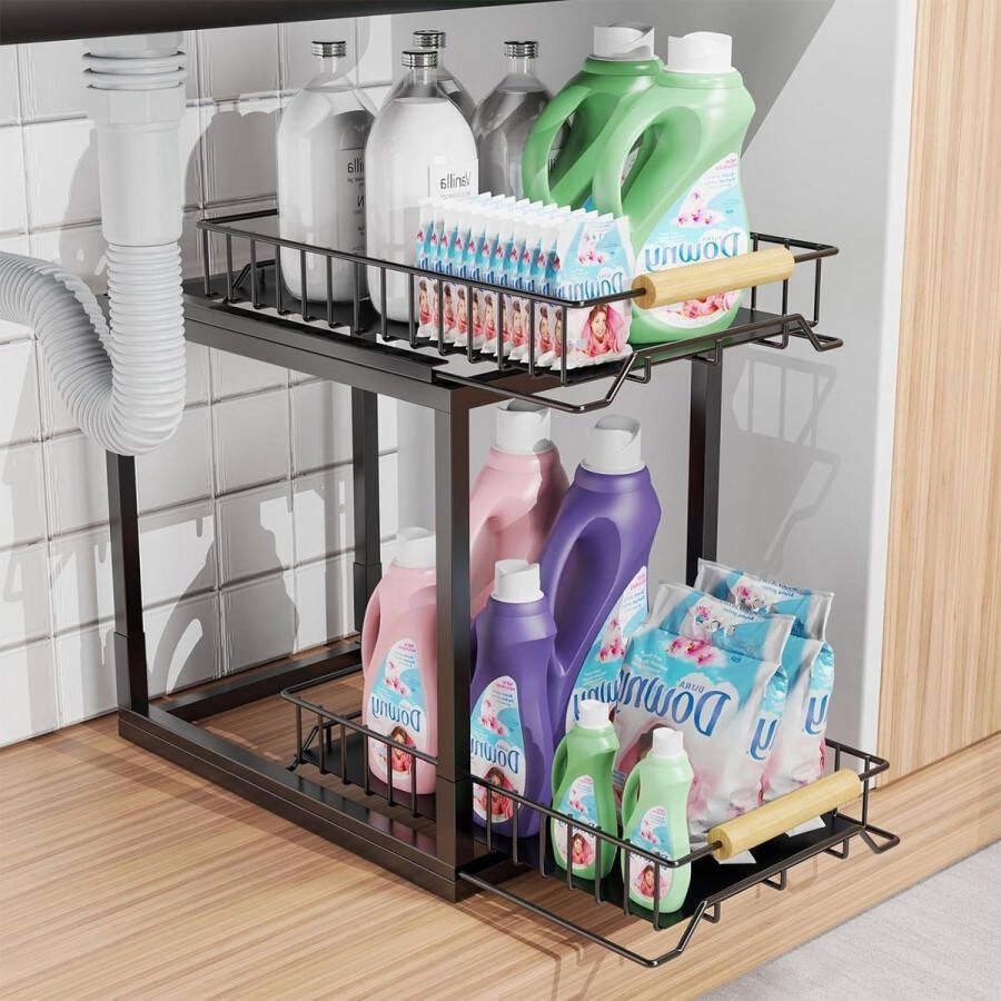 2-laags pull-out wastafelrek en keukenkastorganizer zwart schoonmaakmiddelorganizer metalen opbergrek voor badkamer en keuken