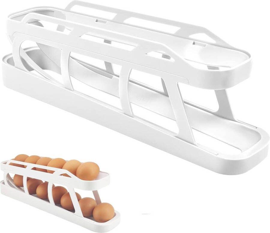 2-laags rollende eierdispenser ruimtebesparende eierlade eierrek eieropbergcontainer antislip bodem eierorganizer voor koelkast & aanrecht (wit)