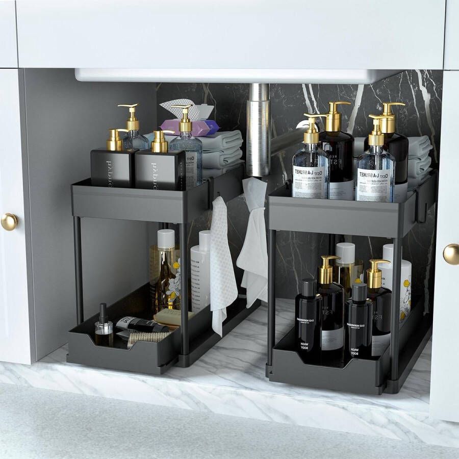 2-laags schuifkastmand organizer lade voor onder de gootsteen set van 2 badkamerkastorganizers multifunctionele badverzamelmanden voor badkamer (zwart) Keukenkast organizer