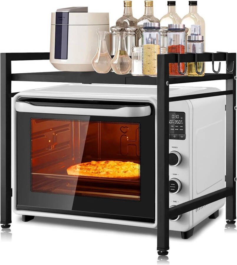 2-laags uitbreidbaar magnetronrek magnetronplankorganisator keuken met 6 haken flexibel uitschuifbaar van 40-64 cm gelaagd keukenrek keukenorganizer zwart