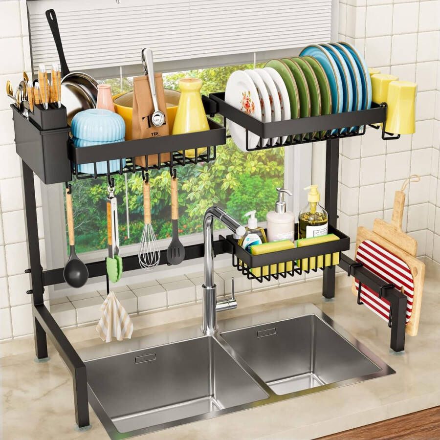 2-laags uitbreidbaar metaal groot boven de gootsteen droogrek keukenafdruiprek ruimtebesparend 24 8-35 4 inch