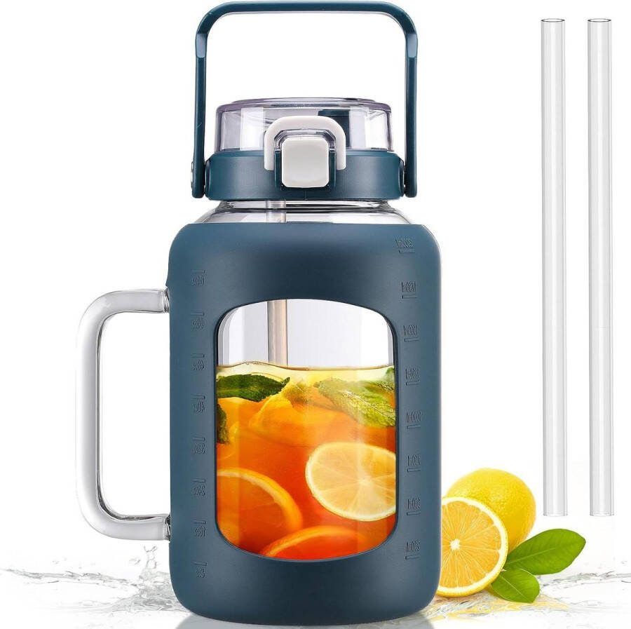 2 liter Glazen waterfles met handvat Motiverende sportwaterfles Lekvrij donkerblauw