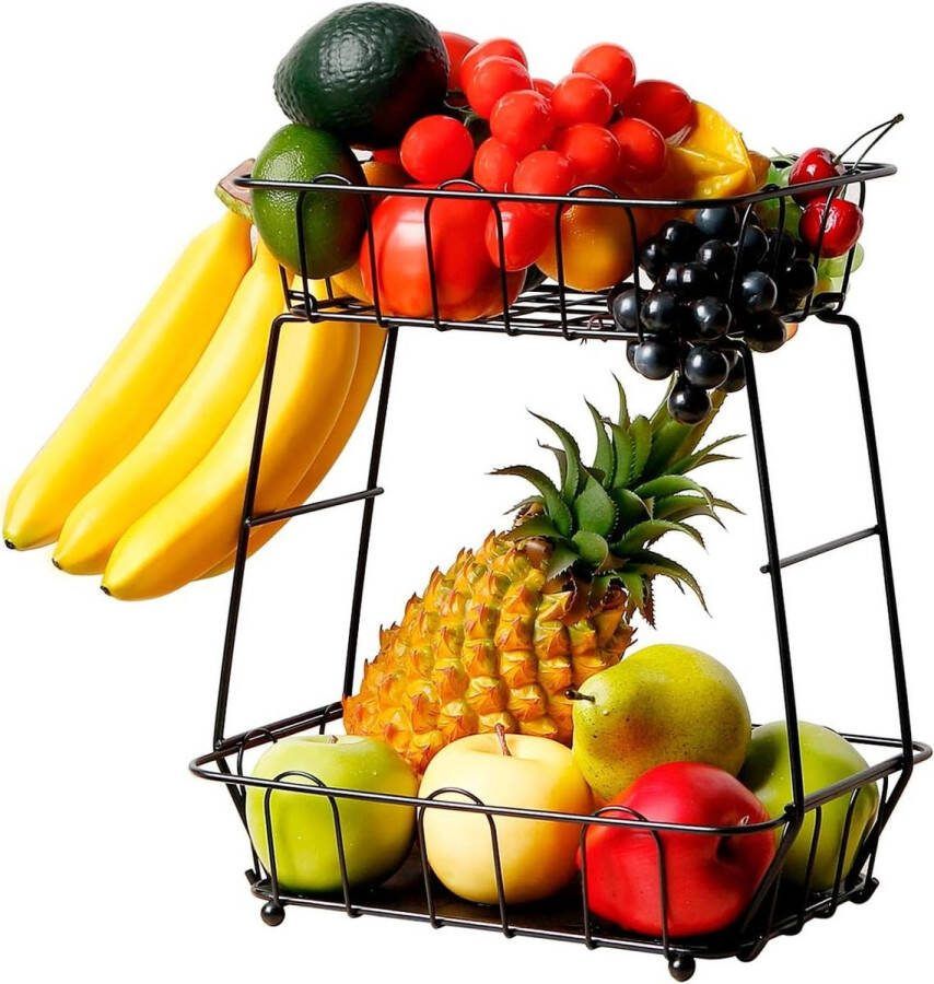 2-niveaus fruitmand met bananenhanger zwart fruitrek gelaagde fruitschalen afneembare fruitstandaard metalen fruithouder Fruitschaal