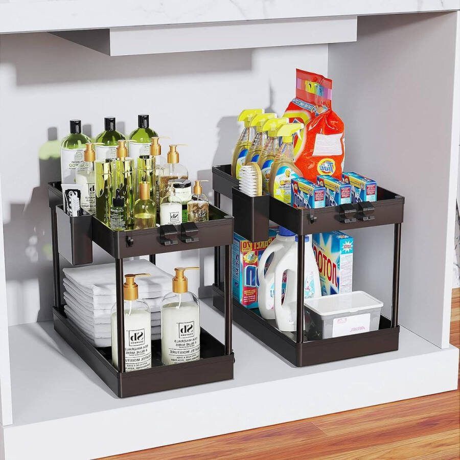 2 onder gootsteen organisatoren opslag keuken organizer onder gootsteen plank manden badkamer haken beker (zwart)
