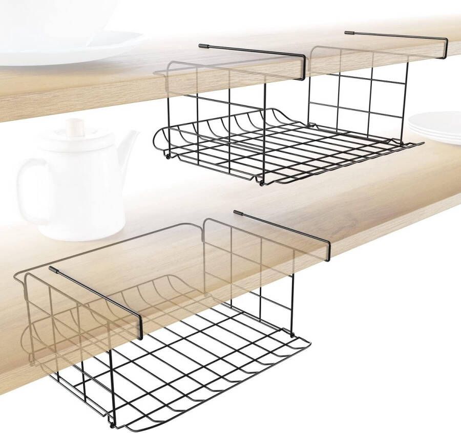 2 × onderrek en opbergmand set van 2 rasterdesign hygiënische praktische hangmand voor keuken voorraadkast kantoor allround organizer van metaal voor planken