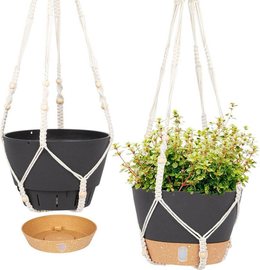 2-pack macrame hangende plantenhangers 10 binnen buiten hangende bloempot met afvoergat voor tuinhuis (grijs)