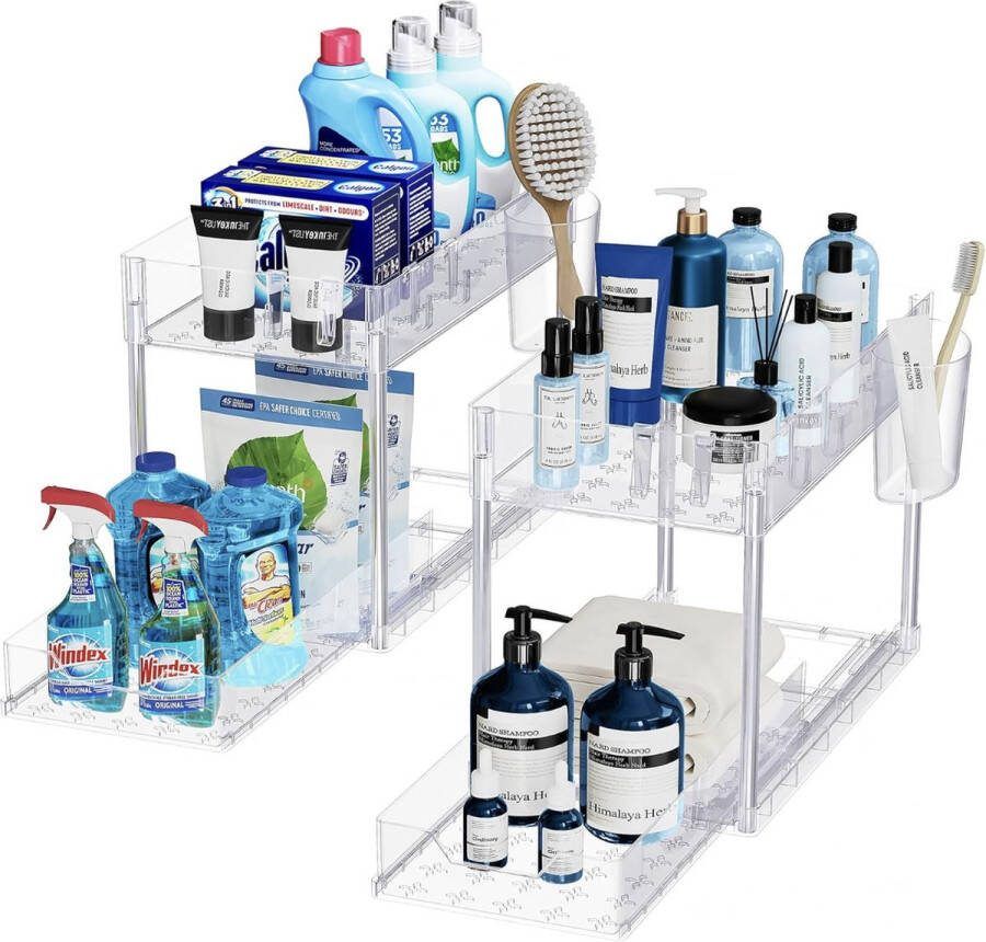 2 Pack Opbergrek voor onder de gootsteen keukenopberger 2-laags met uitschuiflade multifunctioneel opbergrek voor badkamer aanrecht wasruimte doorzichtig
