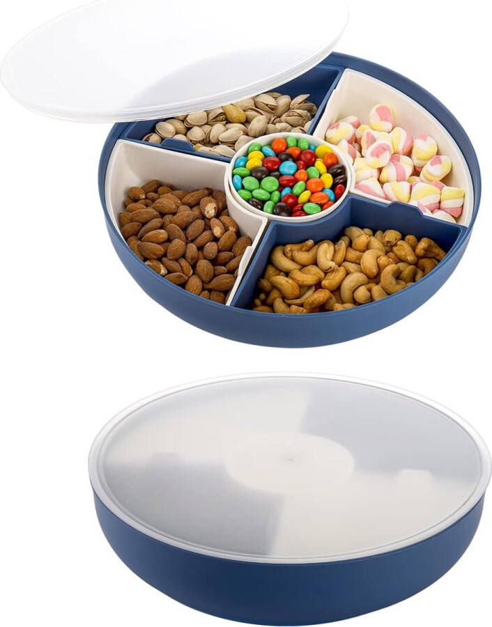 2-pack plastic snoep-noot-serveercontainers met deksels 29 cm verdeeld 5-compartimenten dienblad gedroogd fruit aperitiefbakje voedselopslag