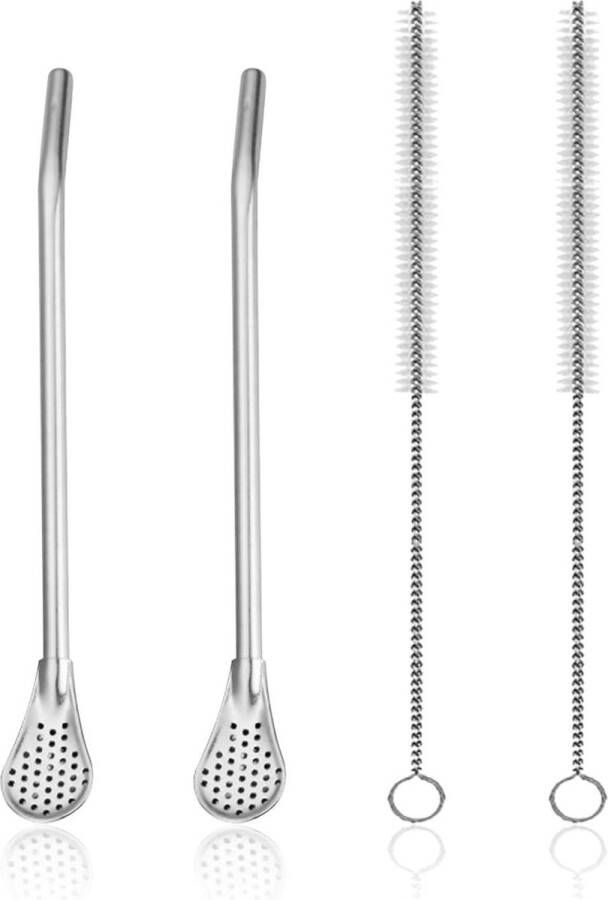 2 Sets Roestvrijstalen Maté Rietjes Set Rietjeslepel en 2-Delige Borstelset RVS Rietjeslepel RVS Multi-Functioneel Yerba Rietje Thee Drinkaccessoire Filterlepels Geschikt voor Thee Koffie Sap