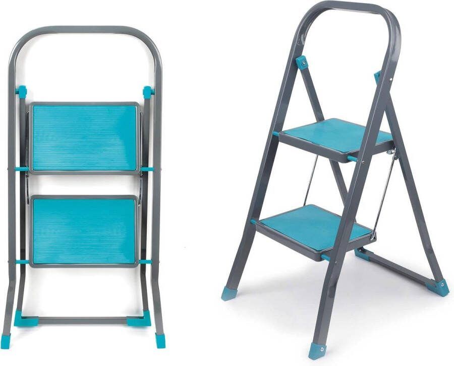 2 Step Ladder Non-Slip Steps Outdoor Indoor Strong Steel Durable Sturdy Safety Clip Approx 2 Metre Reach Height Turquoise Grey