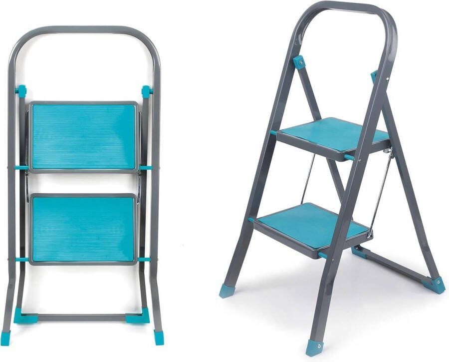 2 Step Ladder with Non-Slip Steps Outdoor Indoor Strong Steel Durable Sturdy Safety Clip Approx 2 Metre Reach Height Turquoise Grey Outdoor Furniture