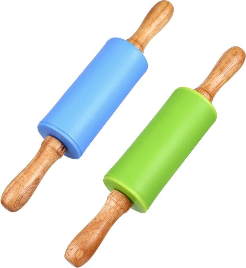 2 stks Siliconen Deegroller non-stick Oppervlak Houten Handvat Deeg Deegroller Bakken Tool voor Kinderen Kids (Gemengde Kleur)