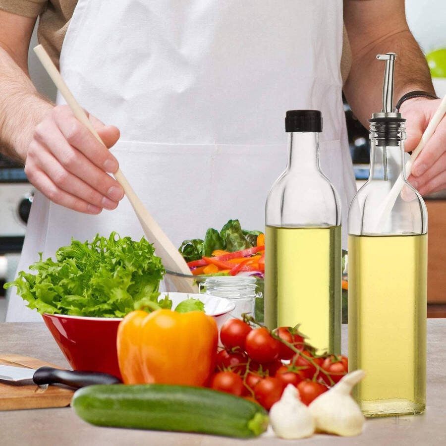 [2 stuks] 17oz glazen olijfolie dispenser flesset 500ml heldere olie en azijn Cruet fles met schenken trechter en etiketten olijfolie karaf voor keuken