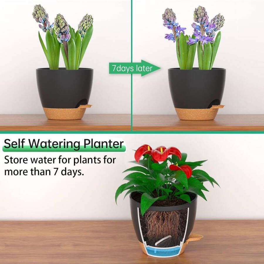 2 stuks 25 cm hangende plantenbakken met water gevende lip zelfbewaterende plantenpot met afvoergaten en verwijderbare schotel plastic bloempot voor binnen buitenplanten (zwart)