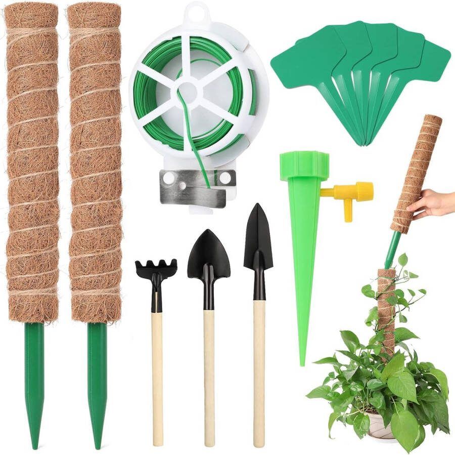 2 stuks 42 cm mosstaaf plantenstok kokosnootlatwerk kamerplanten met 5 plantenborden 1 rol kabelbinders (20 m) 3 stuks set gereedschap 1 automatische bewatering (de hele set)