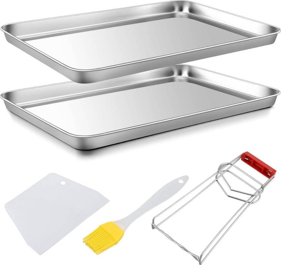 2 stuks bakplaten kleine grillschaal roestvrij staal grillpan bakplaatset gasgrill ovenschaal rechthoekig ovenplaat inclusief schraper olieborstel en anti-verbrandingsclip