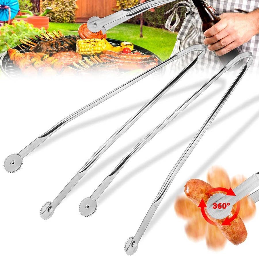 2 stuks barbecuetang met wieltjes omkeerbare tang voor BBQ worstjes grilltang roestvrij staal worsttang barbecue-accessoires