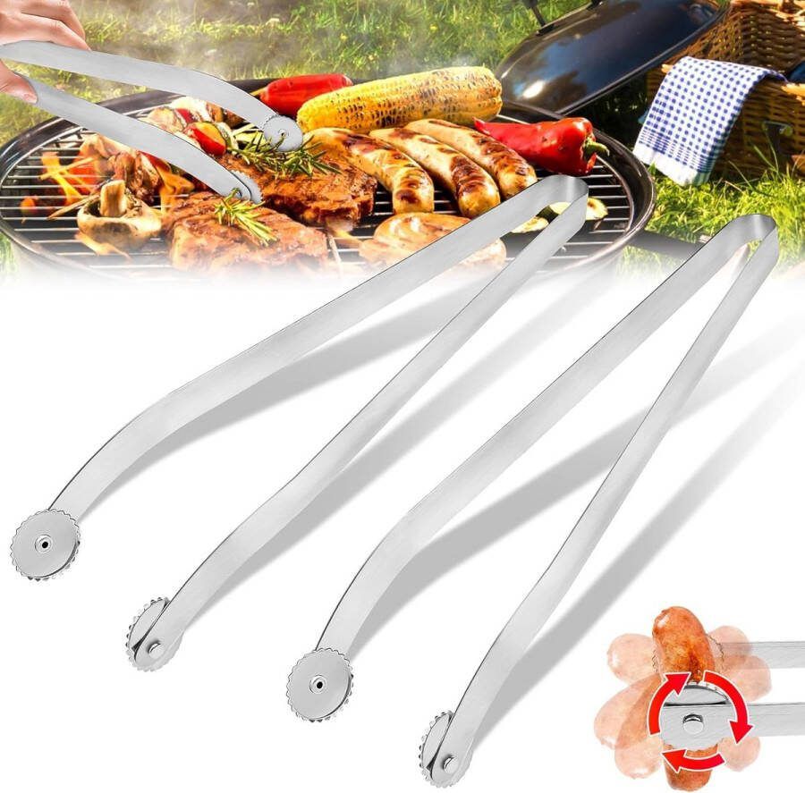 2 stuks BBQ Sausage Turning Tongs voor koken grilltang met wieltjes BBQ worstjes omkeerbare tang grillworst grilltang roestvrij staal lange keukentang grill omkeerbare tang worstjes om te