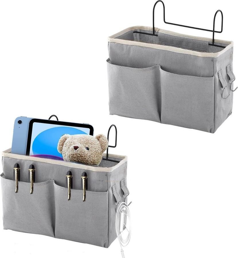 2 stuks bedorganizer voor het ophangen van bedtas met draadframe bedhanger ophangtas stapelbed opbergtas nachtkastje opbergtas voor tijdschrift mobiele telefoon hoofdtelefoon (29 x 19 x 11 cm grijs)