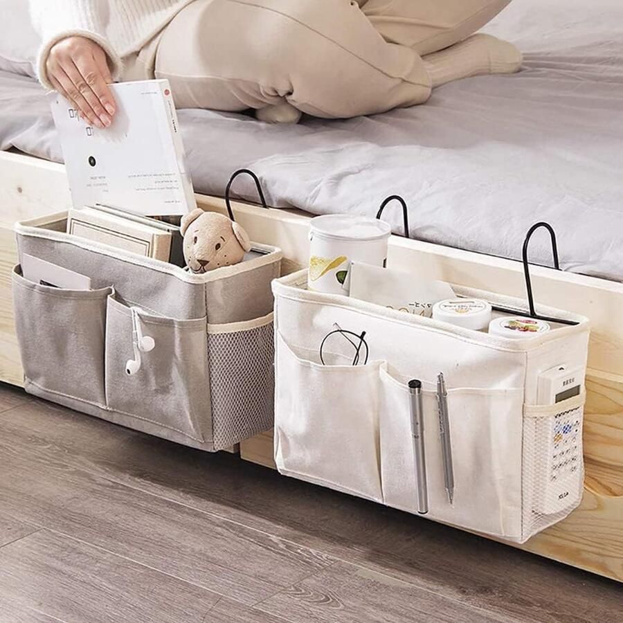 2 stuks bedtassen nachtkastje opbergtas nachtkastorganizer hangende opbergtas met ophanghaak voor kamer bedhek boek tijdschrift hoofdtelefoon enz. (grijs wit)