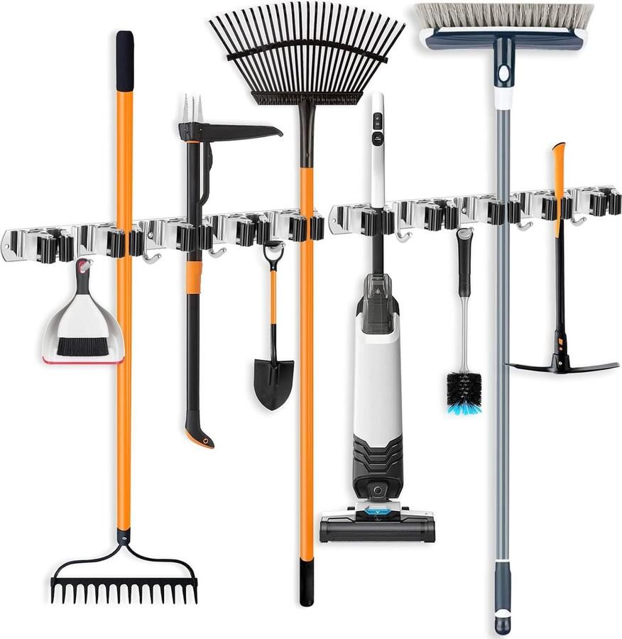 2 stuks bezemhouders wandhouder roestvrij staal met 10 houders en 8 haken tuingereedschaphouder wandhaken mophouder wandhouder zelfklevend gereedschapshouder voor badkamer tuin garage
