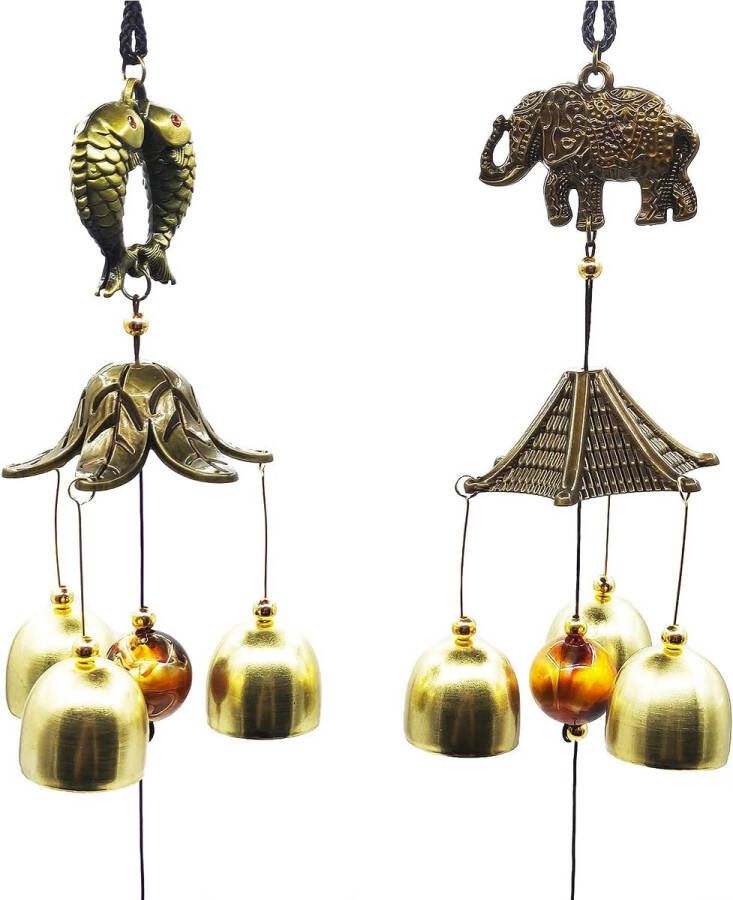 2 Stuks Brons Windgong Bel Vintage Windbellen Hangende Charme Chinese Windgong voor Olifanten Vissen Windgong voor Huis Tuin Balkon Opknoping Decoratie Binnen Buiten