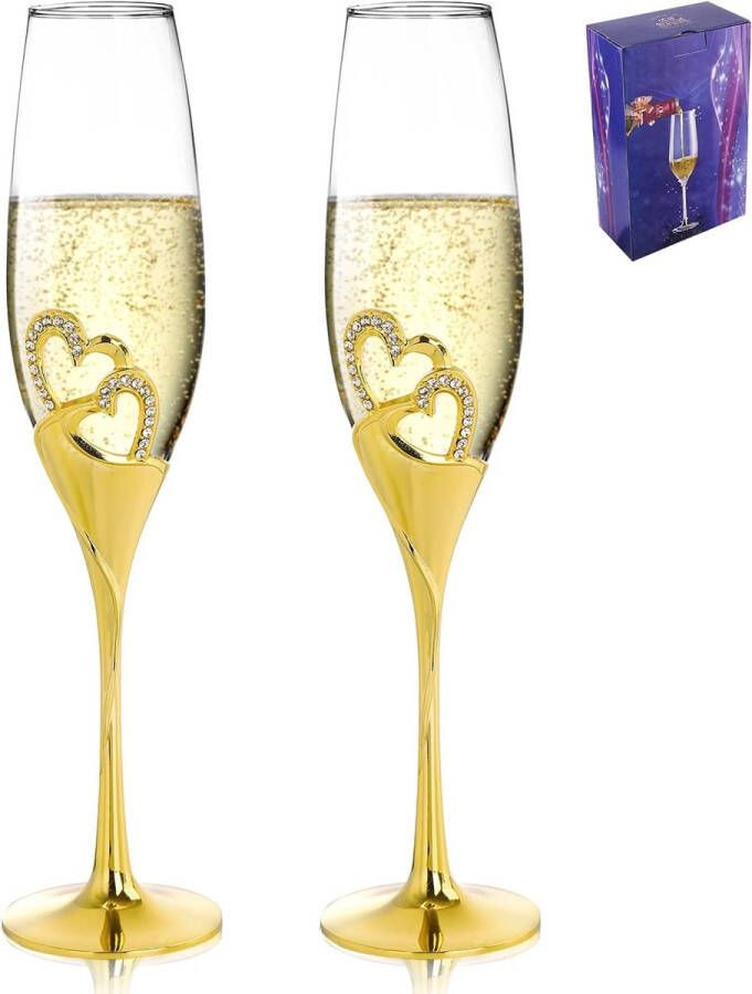 2 stuks bruiloft champagnefluiten met hartontwerp 200 ml luxe bruid en bruidegom champagneglazen set toastfluitglazen voor bruiloft Valentijnsdagcadeau goud