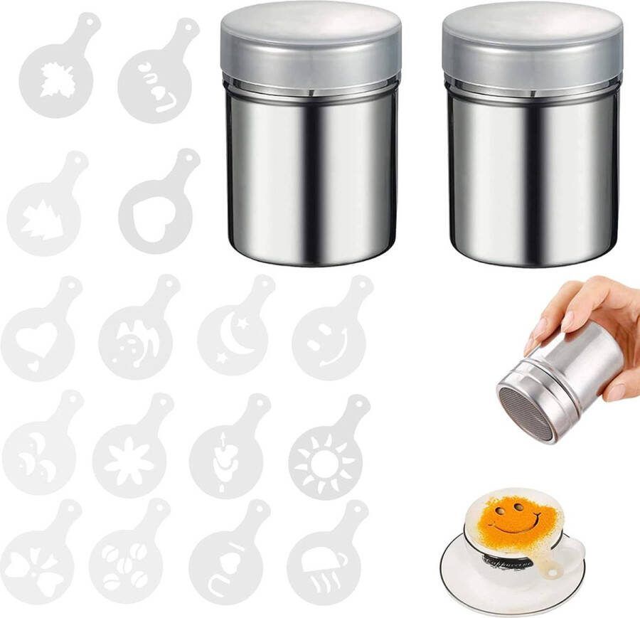 2 stuks cacaostrooiers voor cappuccino met 16 sjablonen voor cappuccinosjablonen poedersuiker roestvrij staal cacaostrooier chocoladestrooier voor koffie cappuccino latte keuken restaurants
