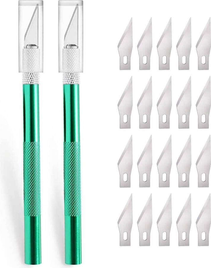 2 stuks cutter voor doe-het-zelf kunst werk snijden scalpel met 20 reservemesjes knutselmes cuttermes hobbymes snijmes caving sculptuur raamfolie lakbeschermingsfolie (groen)