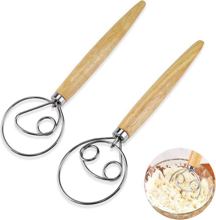 2 stuks Deense garde Nederlandse garde eierrackets Deens deeg garde houten handvat mixer voor bakken brood gebak dessert pizzadeeg 33 cm