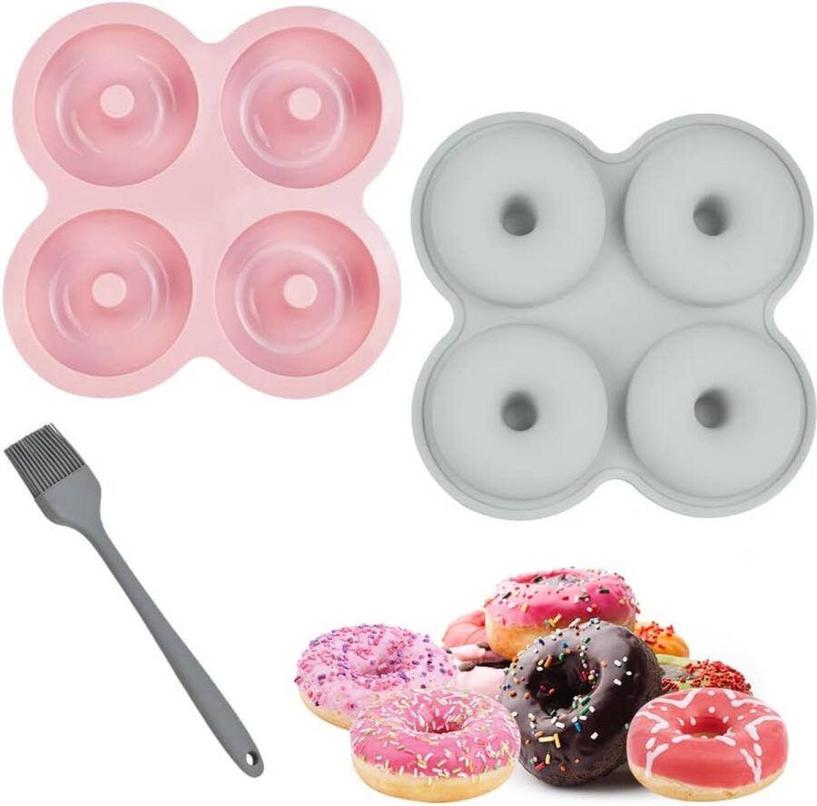 2 stuks donuts bakvorm siliconen donutvormen bakvorm antiaanbaklaag donut bakplaat 4 holtes donut bakvorm muffinbakvormen donatbakvorm met siliconen kwast voor cake cupcakes (roze blauw)