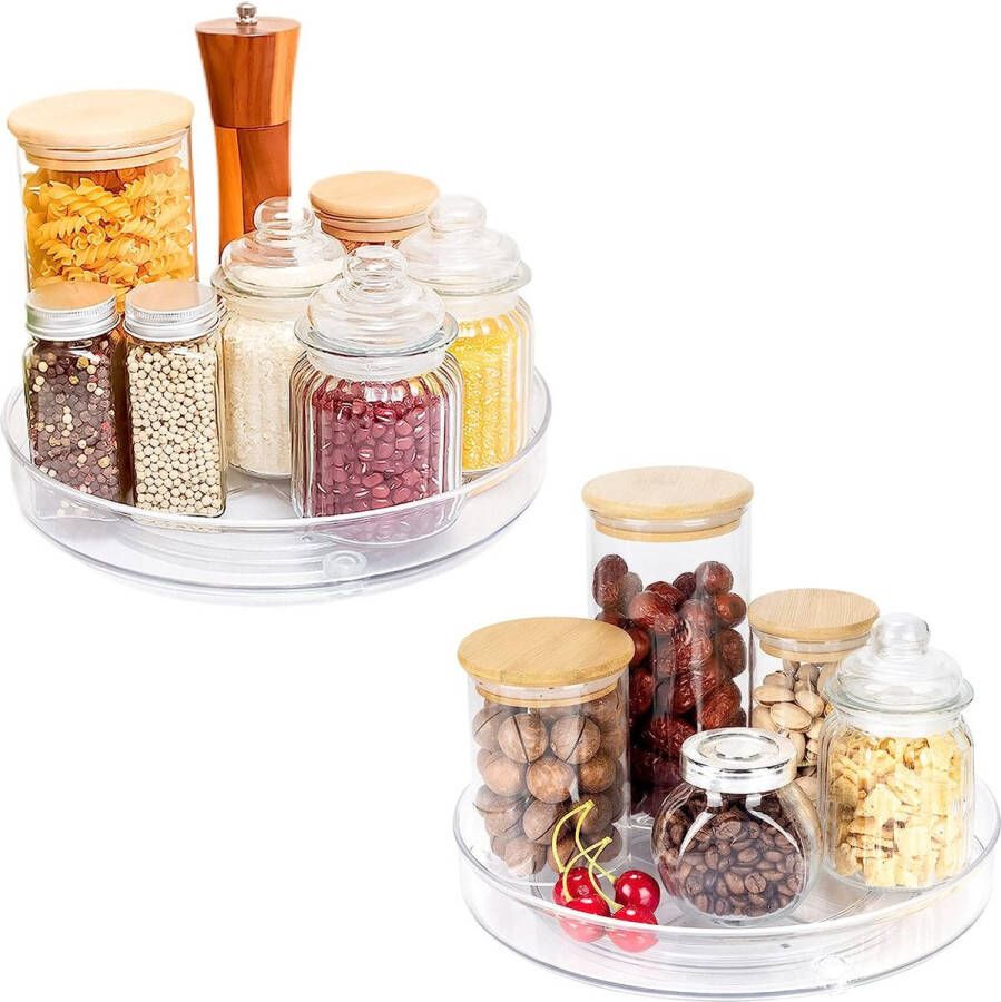 2 Stuks Draaiplateau (23 5cm + 27cm) Lazy Susan Draaibaar Kruidenrek Draaitafel Kast Organisator Rond Doorzichtig Kruiden Carrousel Organizer voor Kast Pantry Tafel Aanrecht Koelkast