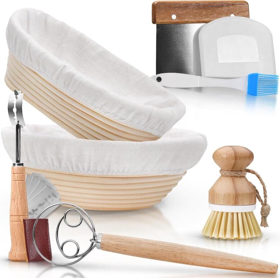 [2 stuks] Germand voor het bakken van brood incl. accessoires rijsmandje van 100% natuurlijk rotan rijsmand incl. garde deegschraper linnen doek kwast & bakkersmes