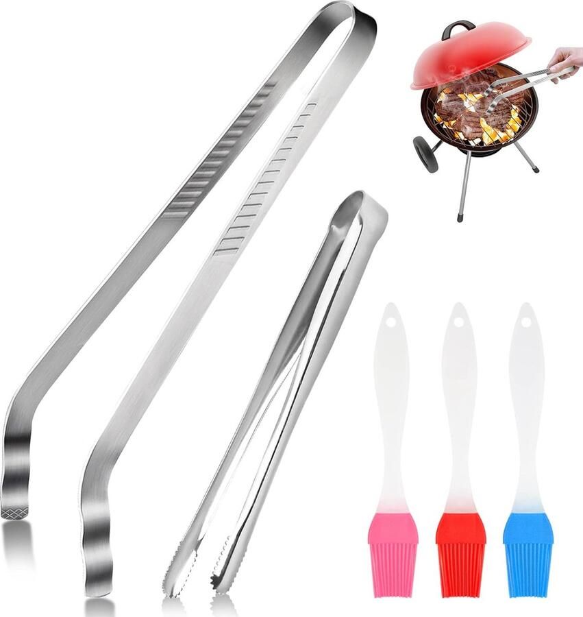 2 stuks grillpincetten kookpincet keukentang roestvrij staal geribbeld greepvlak met siliconen bakborstel voor grillen koken en bakken (24 en 35 cm)