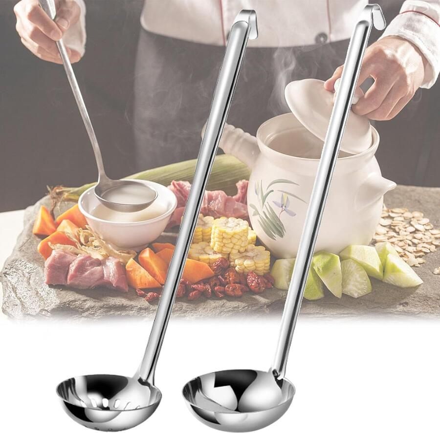 2 stuks grote soeplepel roestvrij staal hoogwaardige pollepel met haakgreep opscheplepel voor het portioneren en serveren van sauzen en bouillons (zilver)