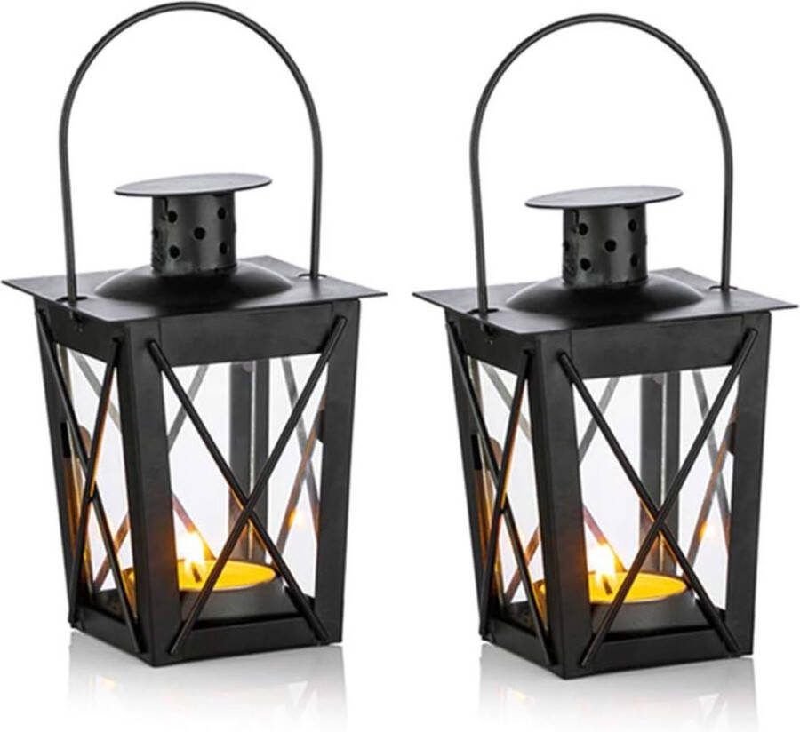 2 stuks Hangende Aarde Glazen Lantaarn Draagbare Glazen Lantaarn Kleine Retro Ijzeren Lantaarn Binnenplaats Decoratie Hangend zwarte lantaarns voor buiten windlicht glas