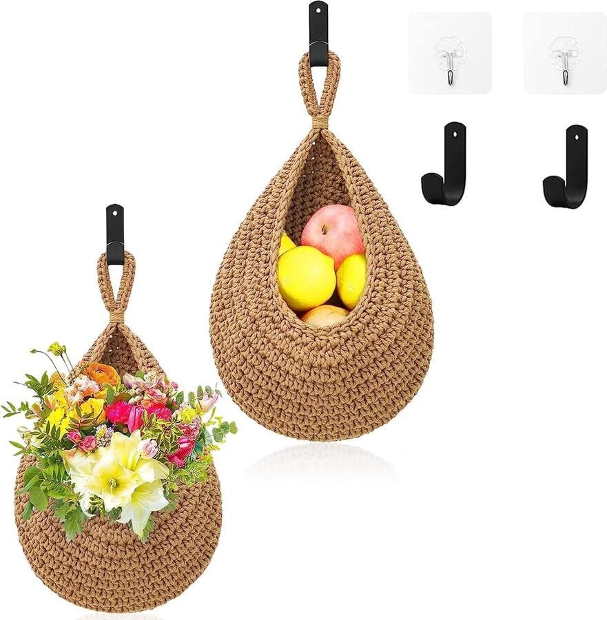 2 stuks hangmanden keuken wandmand hangmandset natuurlijk katoenen touw handgeweven fruitmand hangend planten mand hangend groenten en fruit opslag voor keuken met 6 haken bruin