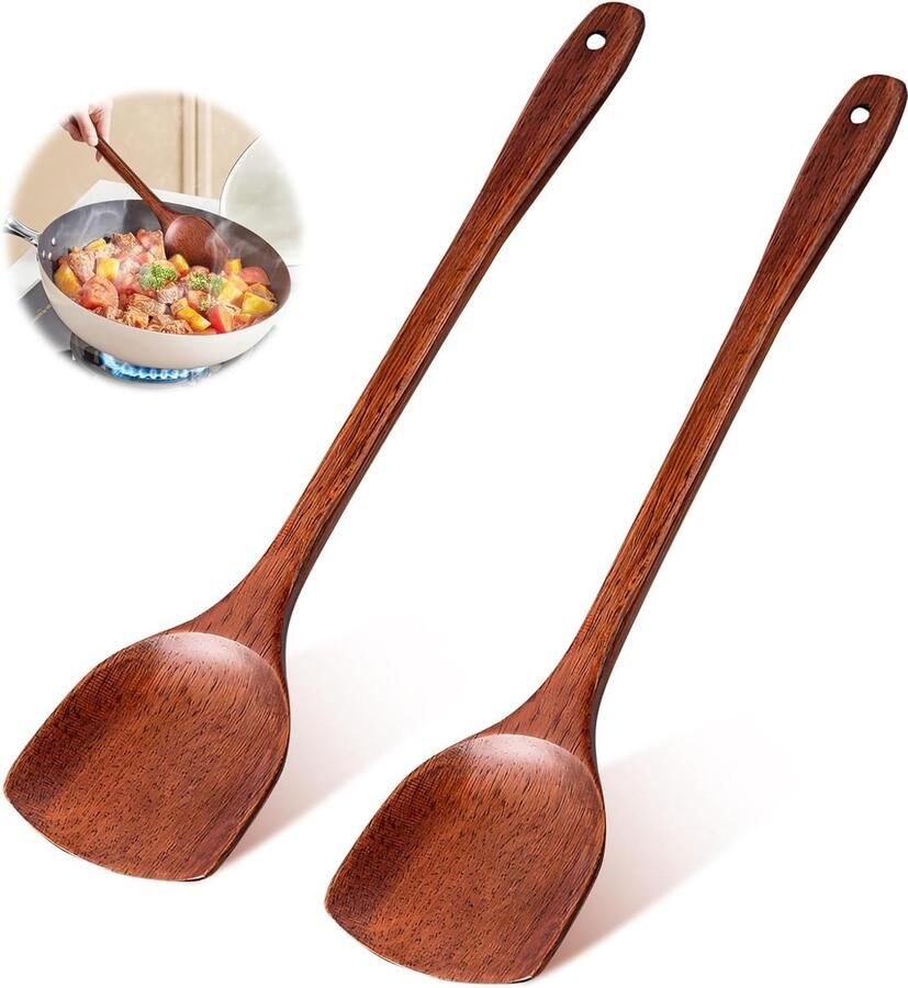 2 stuks houten spatels om te koken spatel van hout houten spatels keuken met nerf lange handgreep anti-aanbaklaag voor wokpan met antiaanbaklaag (38 5 cm 15 inch) (grote spatel)