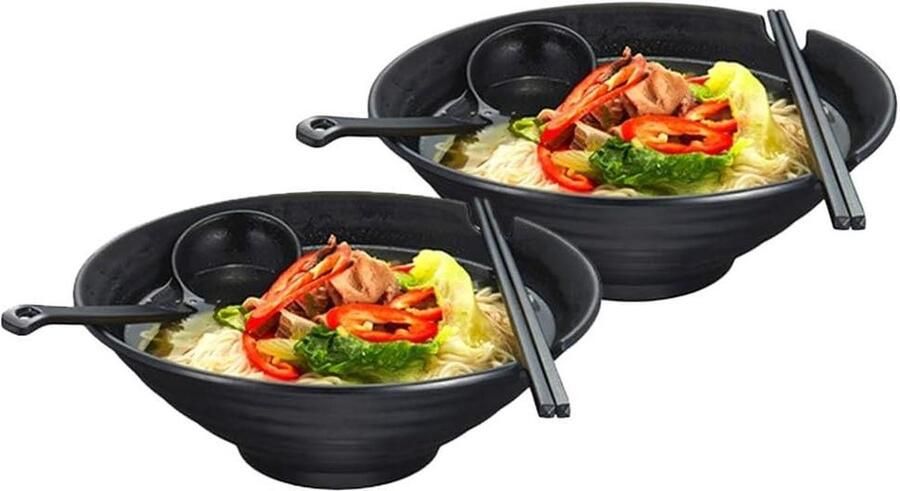 2 stuks Japanse ramenkommenset 1000 ml premium antislip soepkom met lepel en eetstokjes noedelsalade zwart