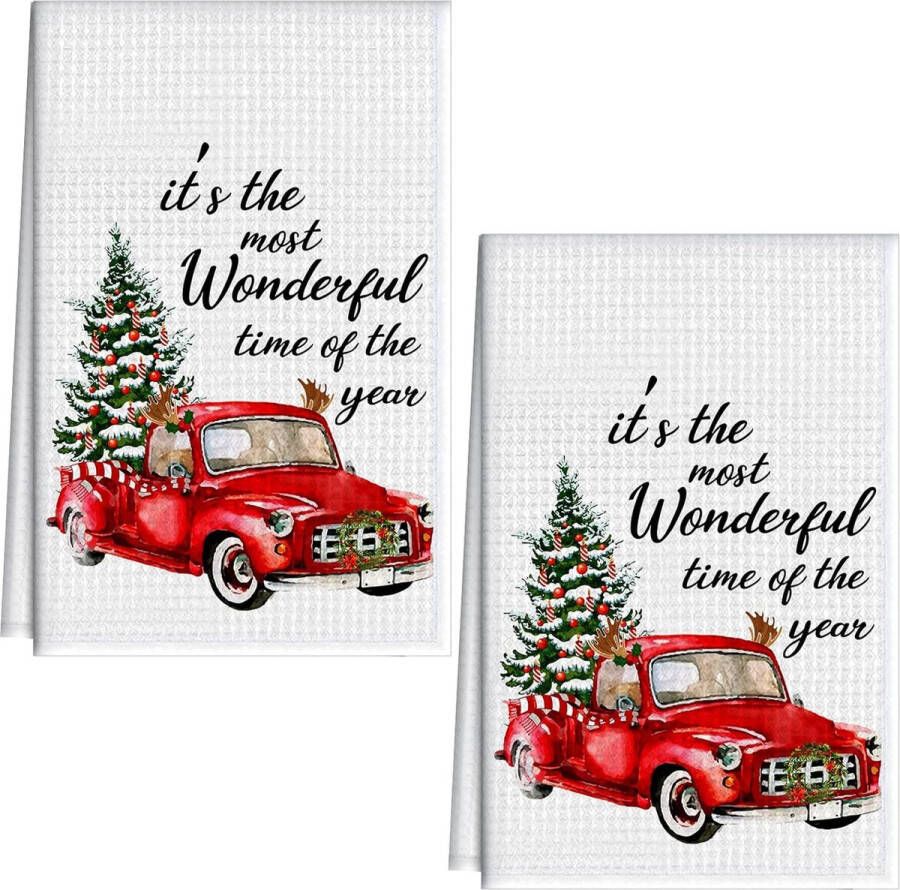 2 stuks Kerst rode vrachtwagen theedoeken Rode vrachtwagen handdoeken Kerst wafeldoeken Kerst keukenhanddoeken voor kerstvakantie bakken keuken badkamer bar decoraties 15 7 x 23 6 inch